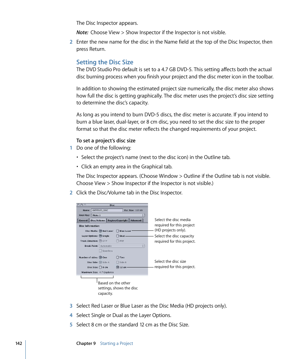 Setting the disc size, Setting, The disc size | Apple DVD Studio Pro 4 User Manual | Page 142 / 656