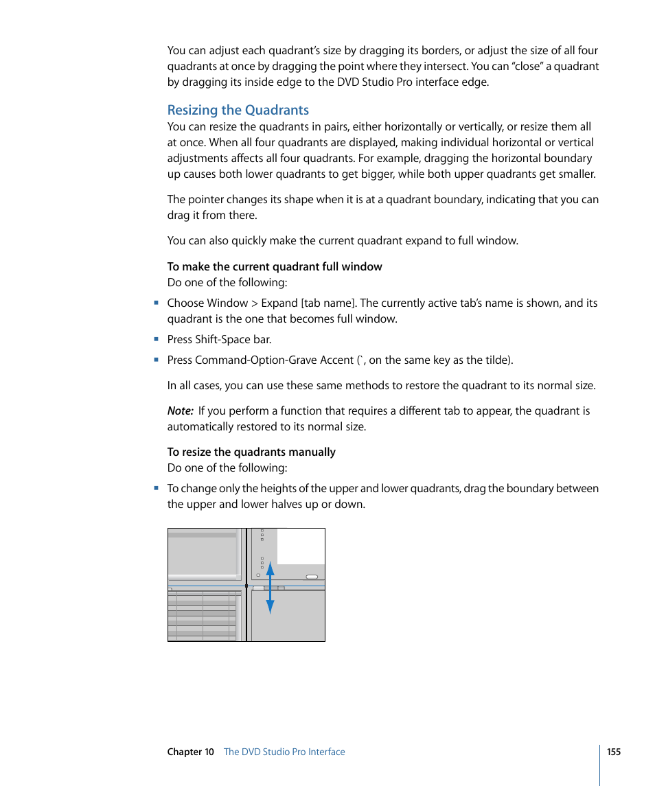 Resizing the quadrants | Apple DVD Studio Pro 4 User Manual | Page 155 / 656
