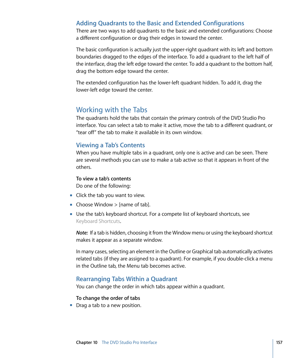 Working with the tabs, Viewing a tab’s contents, Rearranging tabs within a quadrant | Apple DVD Studio Pro 4 User Manual | Page 157 / 656