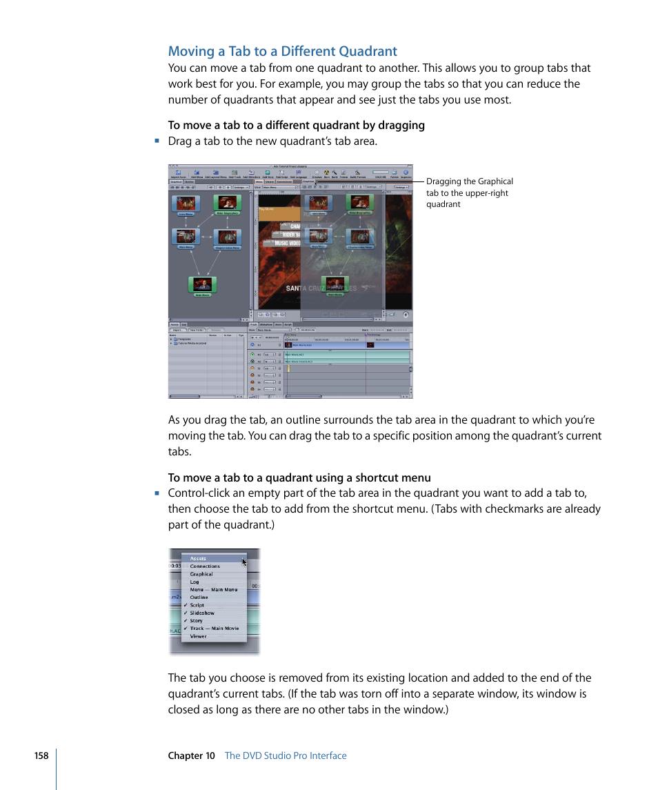 Moving a tab to a different quadrant | Apple DVD Studio Pro 4 User Manual | Page 158 / 656