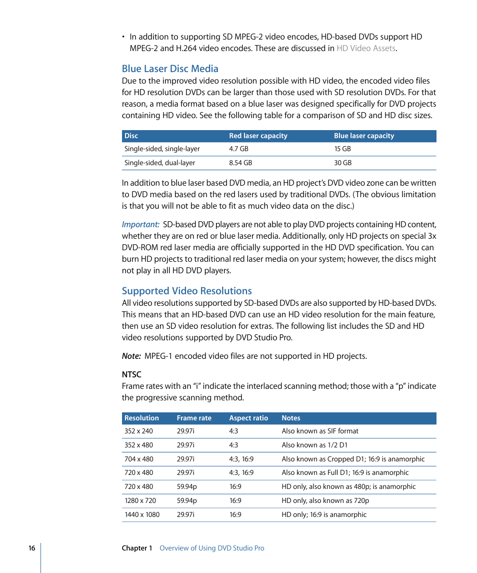 Blue laser disc media, Supported video resolutions | Apple DVD Studio Pro 4 User Manual | Page 16 / 656