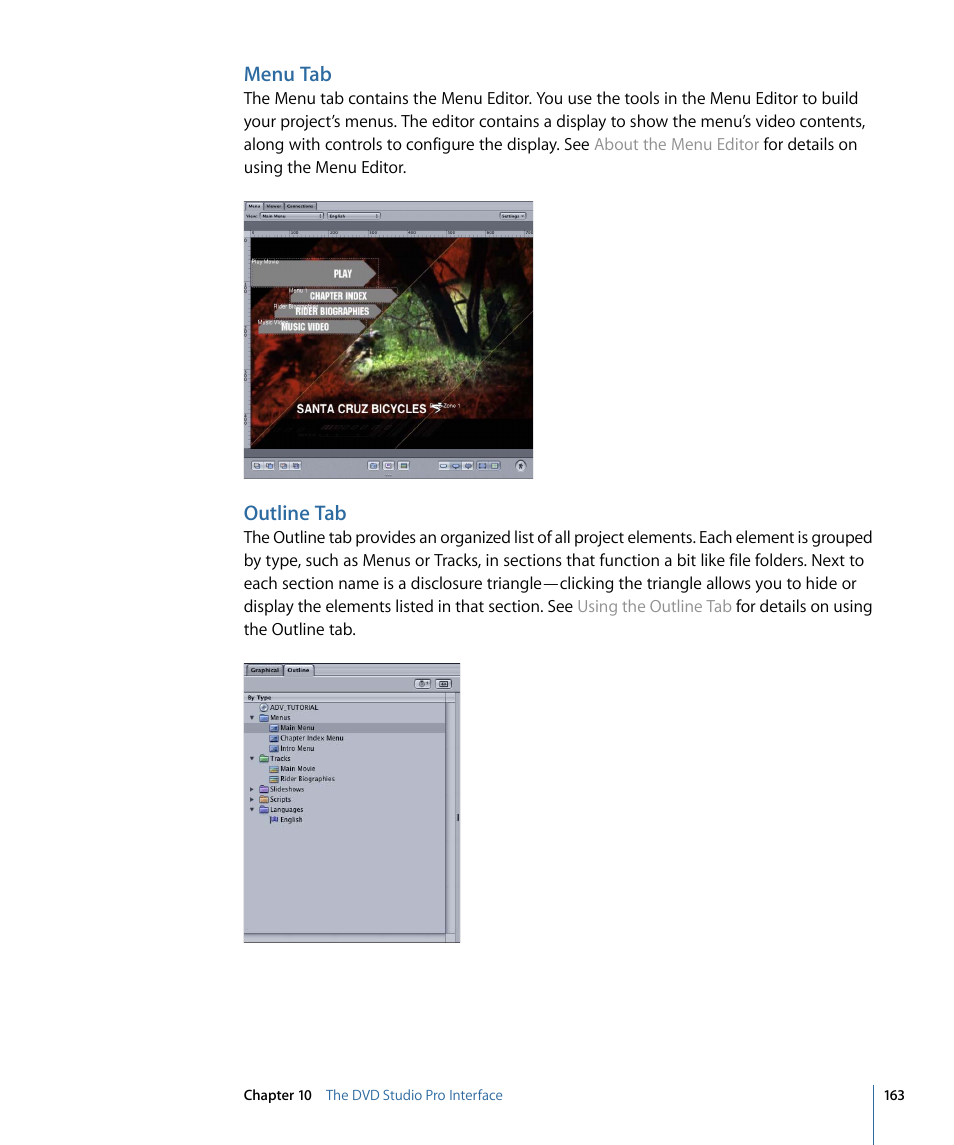 Menu tab, Outline tab | Apple DVD Studio Pro 4 User Manual | Page 163 / 656