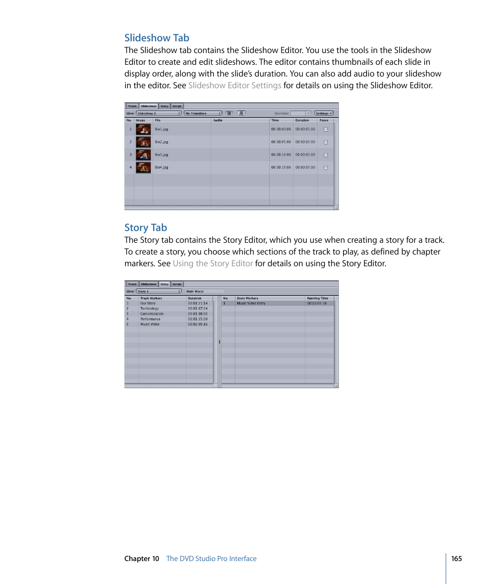 Slideshow tab, Story tab | Apple DVD Studio Pro 4 User Manual | Page 165 / 656