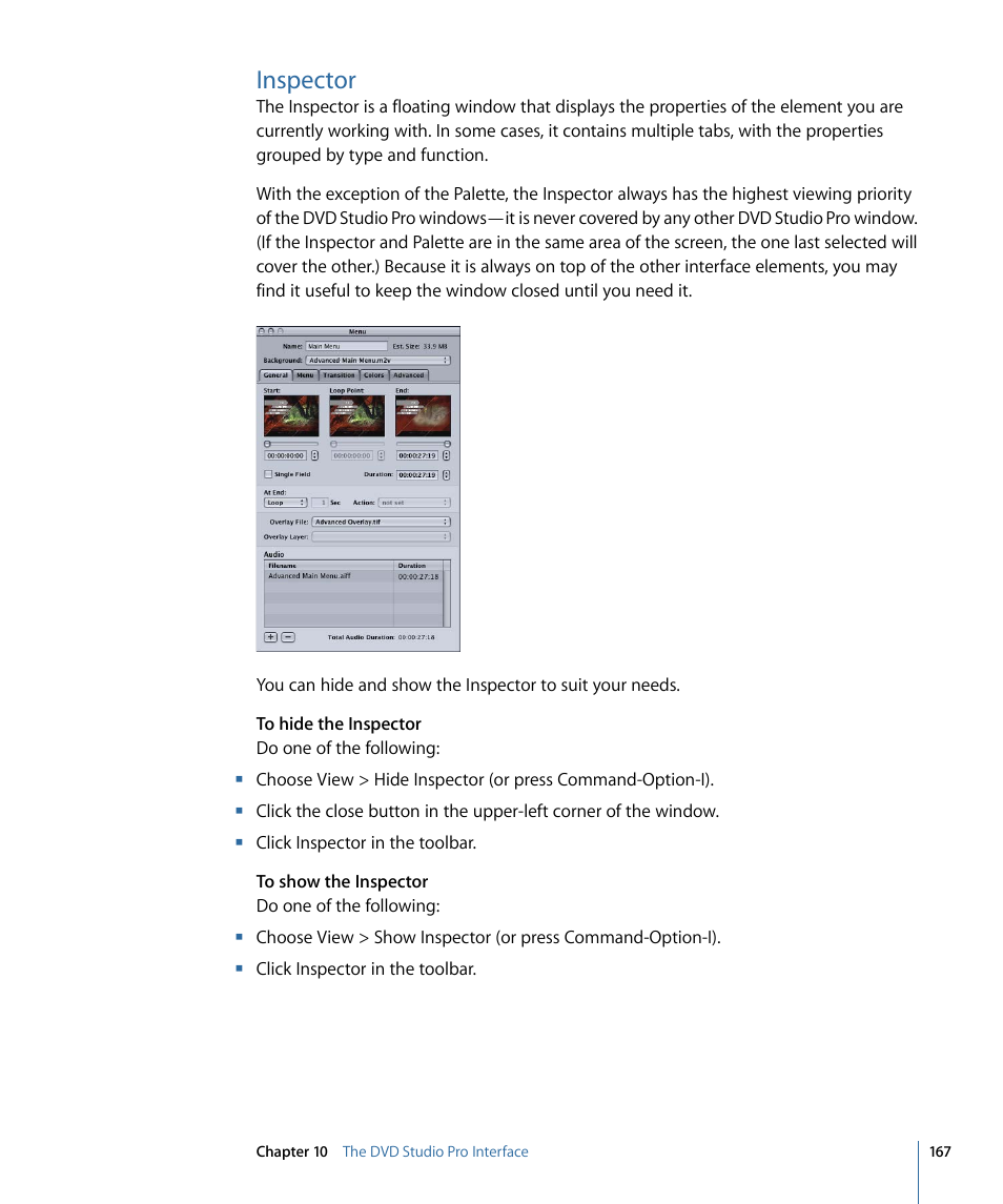 Inspector | Apple DVD Studio Pro 4 User Manual | Page 167 / 656
