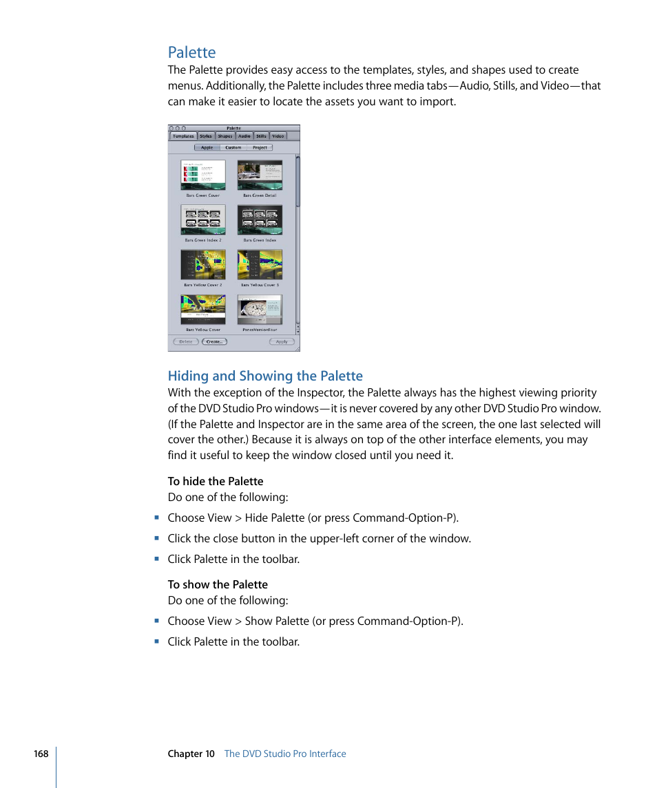 Palette, Hiding and showing the palette | Apple DVD Studio Pro 4 User Manual | Page 168 / 656