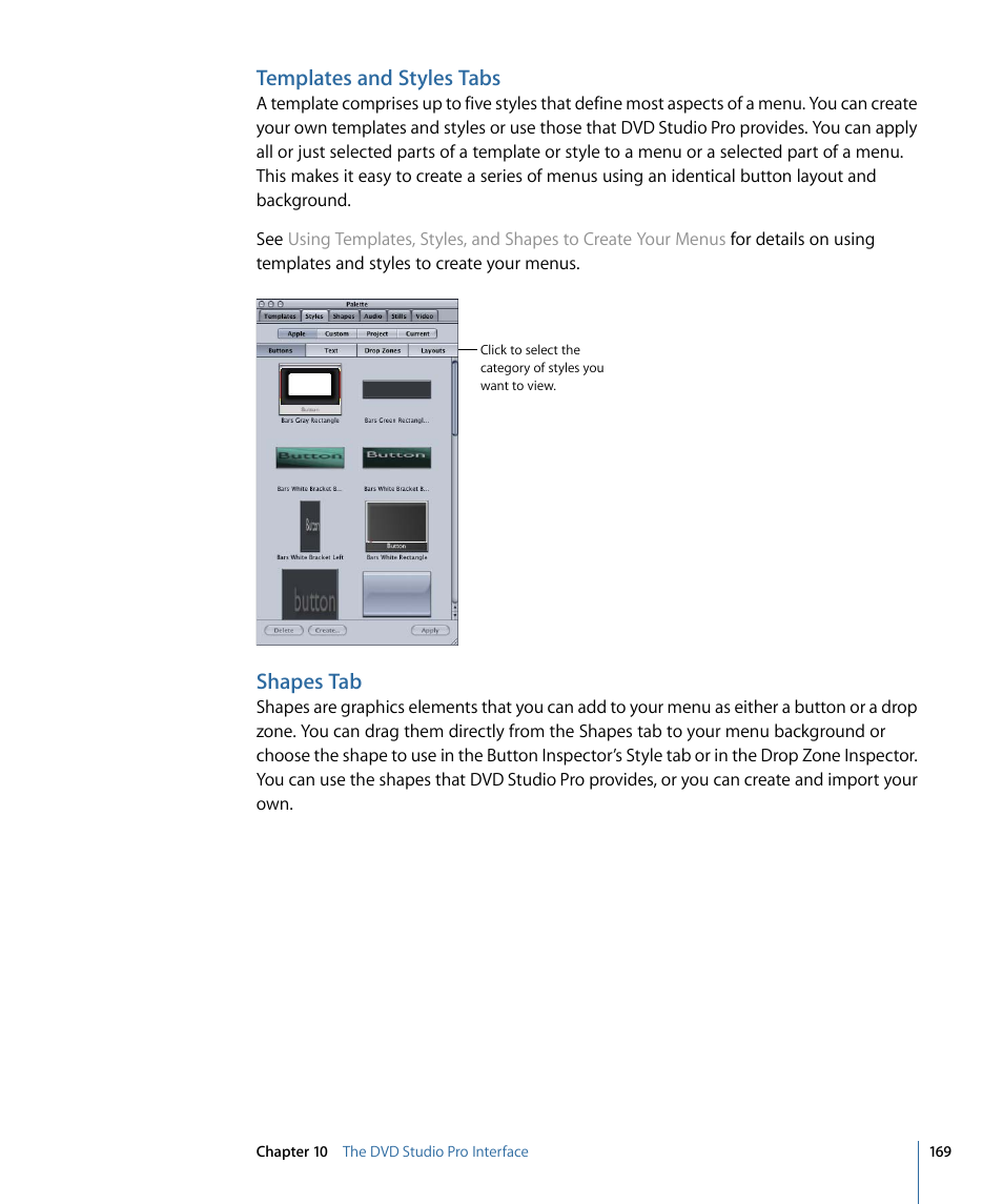 Templates and styles tabs, Shapes tab | Apple DVD Studio Pro 4 User Manual | Page 169 / 656