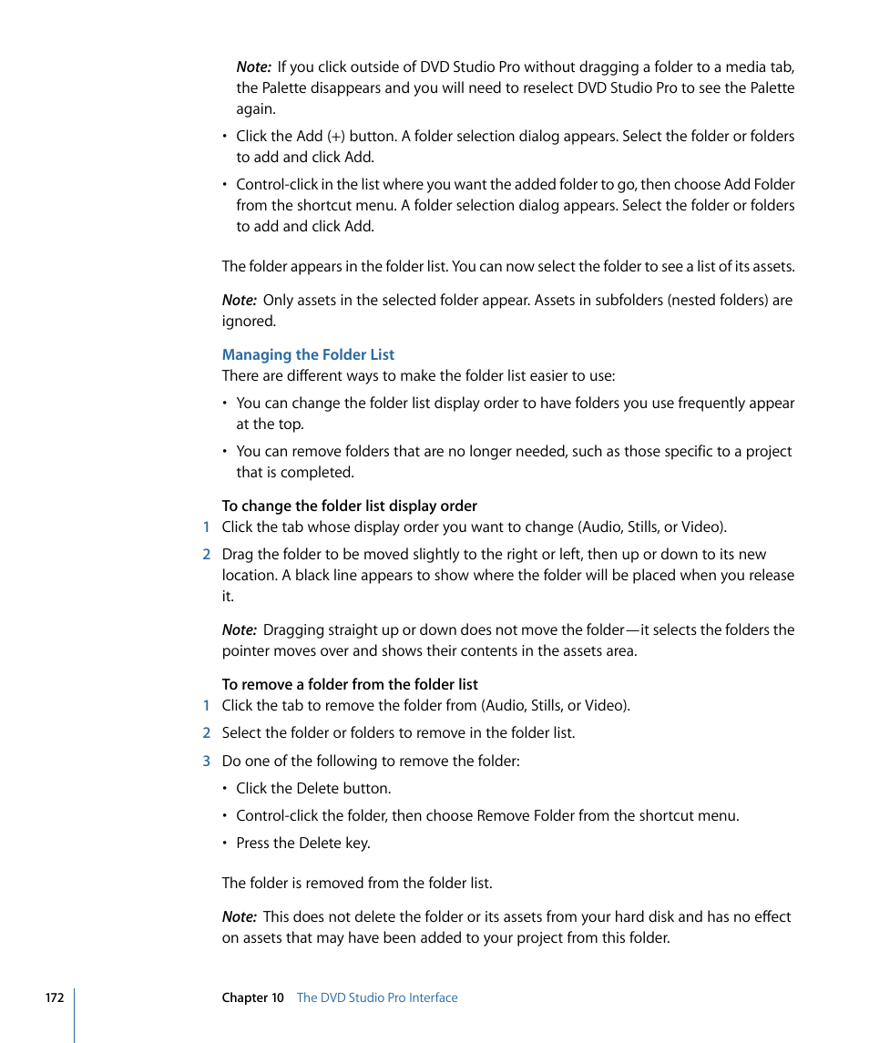 Managing the folder list | Apple DVD Studio Pro 4 User Manual | Page 172 / 656