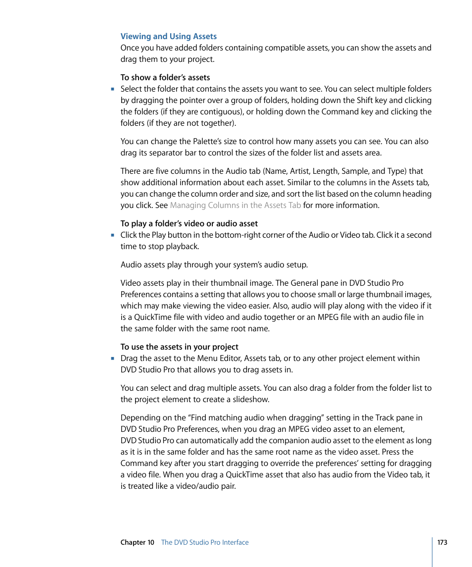 Viewing and using assets | Apple DVD Studio Pro 4 User Manual | Page 173 / 656