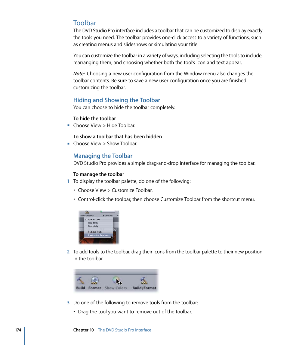 Toolbar, Hiding and showing the toolbar, Managing the toolbar | Apple DVD Studio Pro 4 User Manual | Page 174 / 656