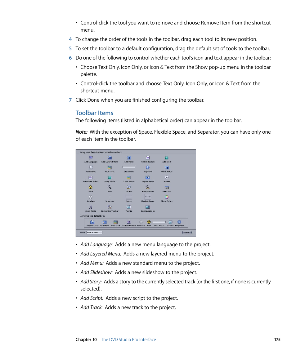 Toolbar items | Apple DVD Studio Pro 4 User Manual | Page 175 / 656