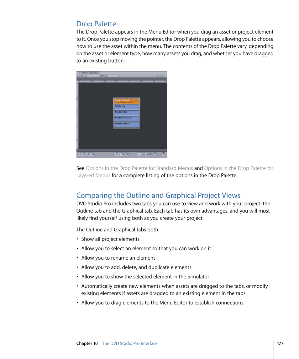 Drop palette, Comparing the outline and graphical project views | Apple DVD Studio Pro 4 User Manual | Page 177 / 656