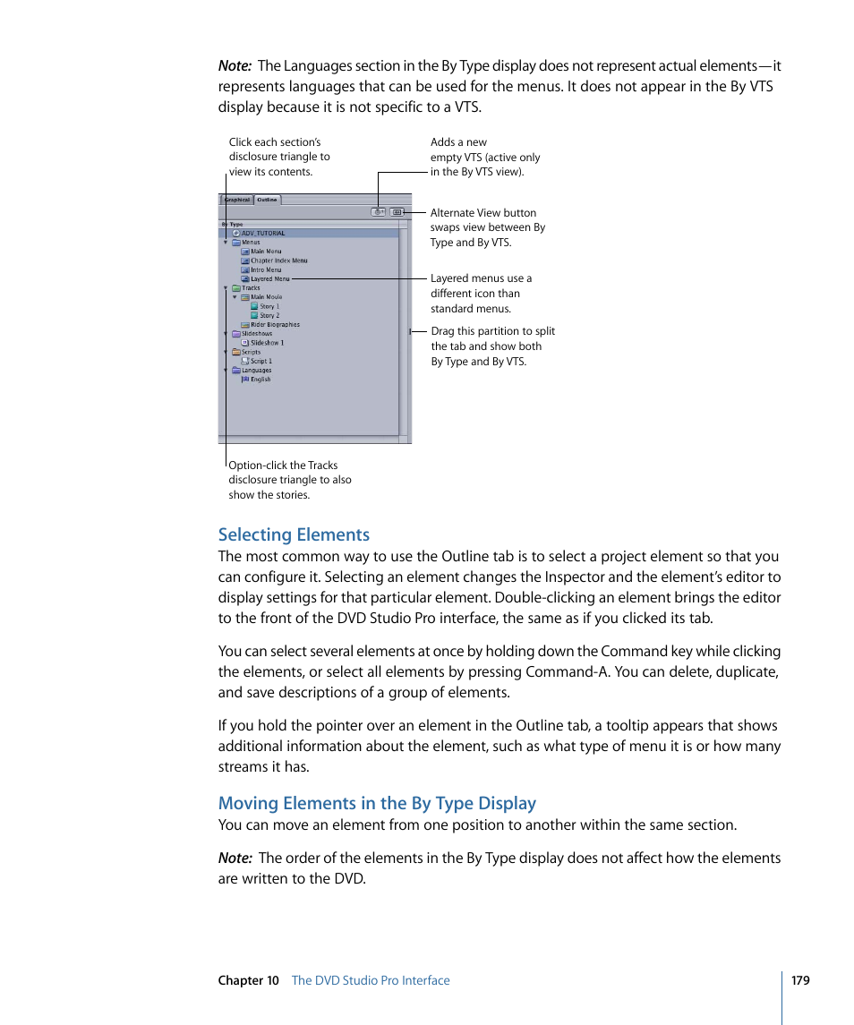Selecting elements, Moving elements in the by type display | Apple DVD Studio Pro 4 User Manual | Page 179 / 656