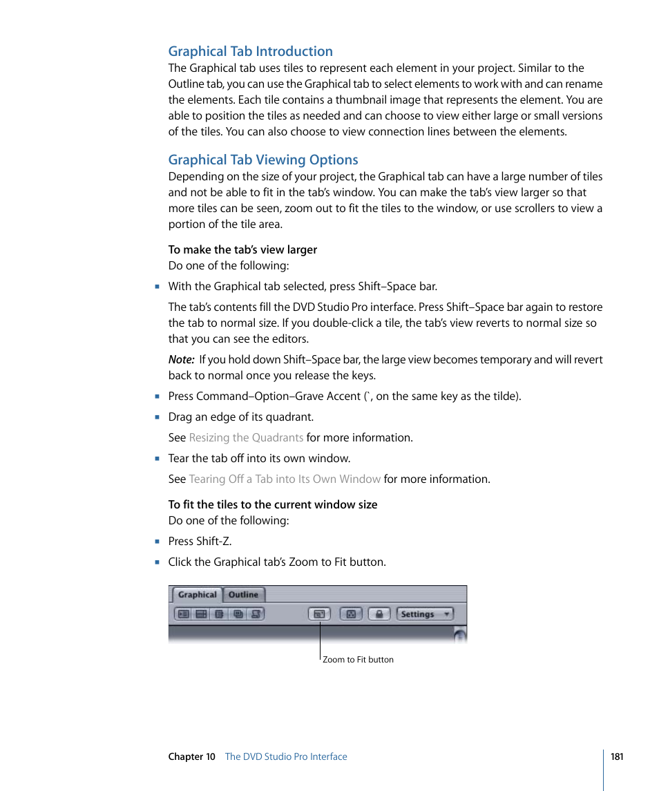 Graphical tab introduction, Graphical tab viewing options | Apple DVD Studio Pro 4 User Manual | Page 181 / 656