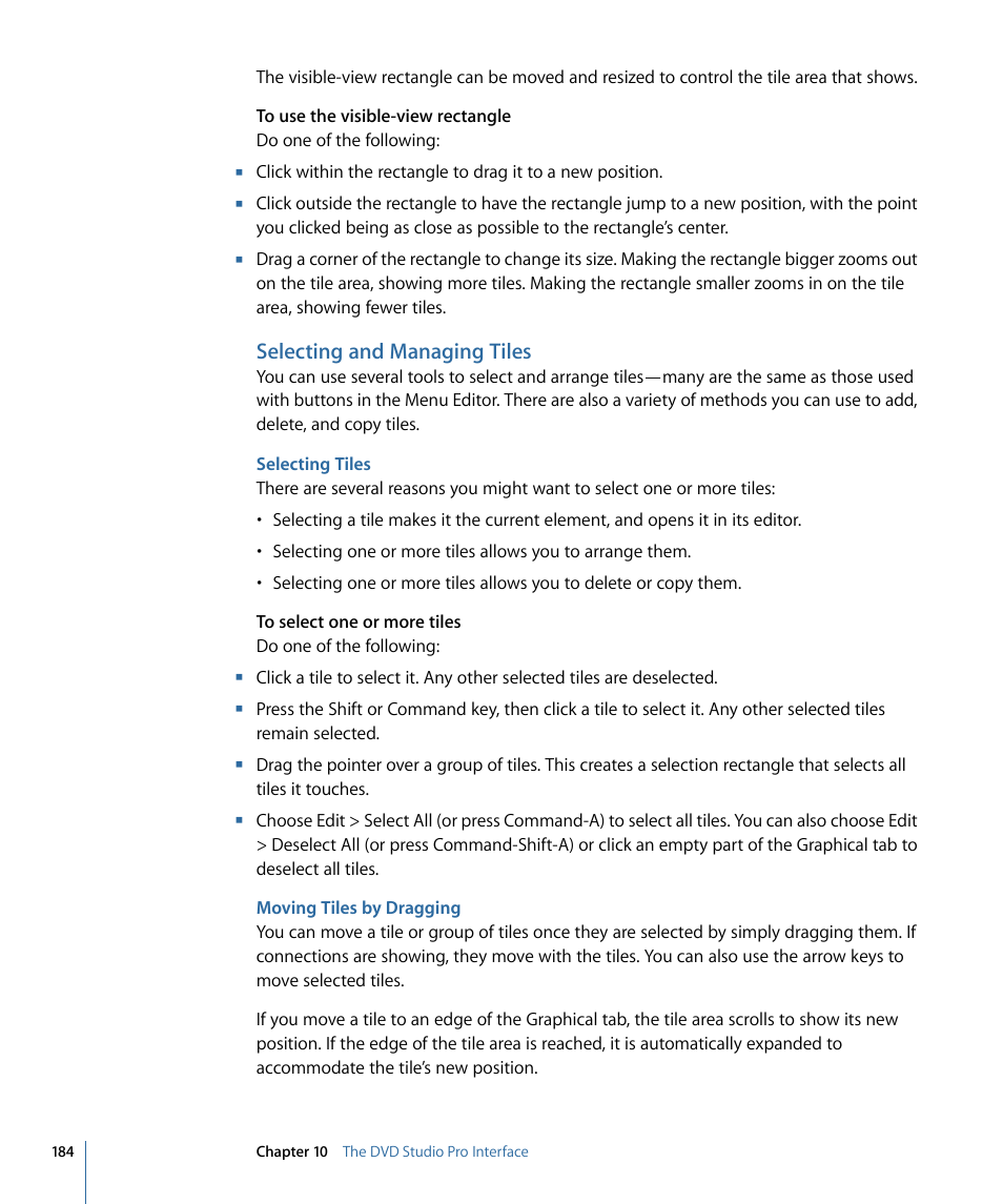 Selecting and managing tiles, Selecting tiles, Moving tiles by dragging | Apple DVD Studio Pro 4 User Manual | Page 184 / 656