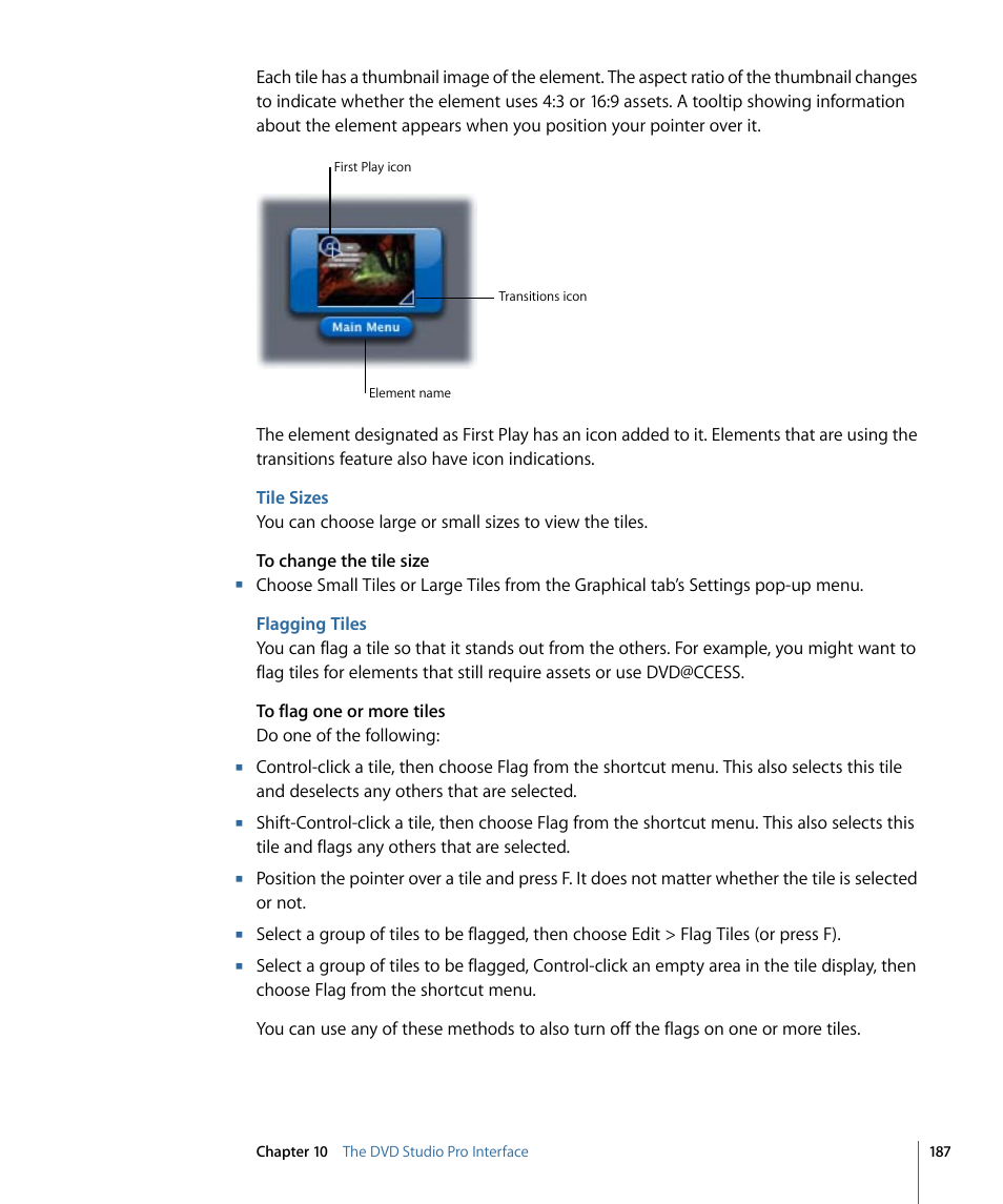 Tile sizes, Flagging tiles | Apple DVD Studio Pro 4 User Manual | Page 187 / 656