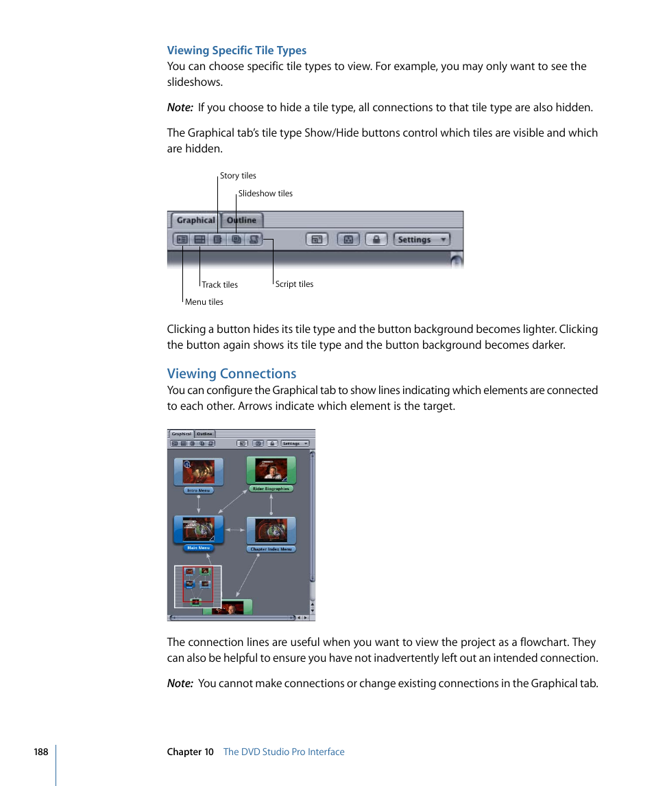 Viewing specific tile types, Viewing connections | Apple DVD Studio Pro 4 User Manual | Page 188 / 656