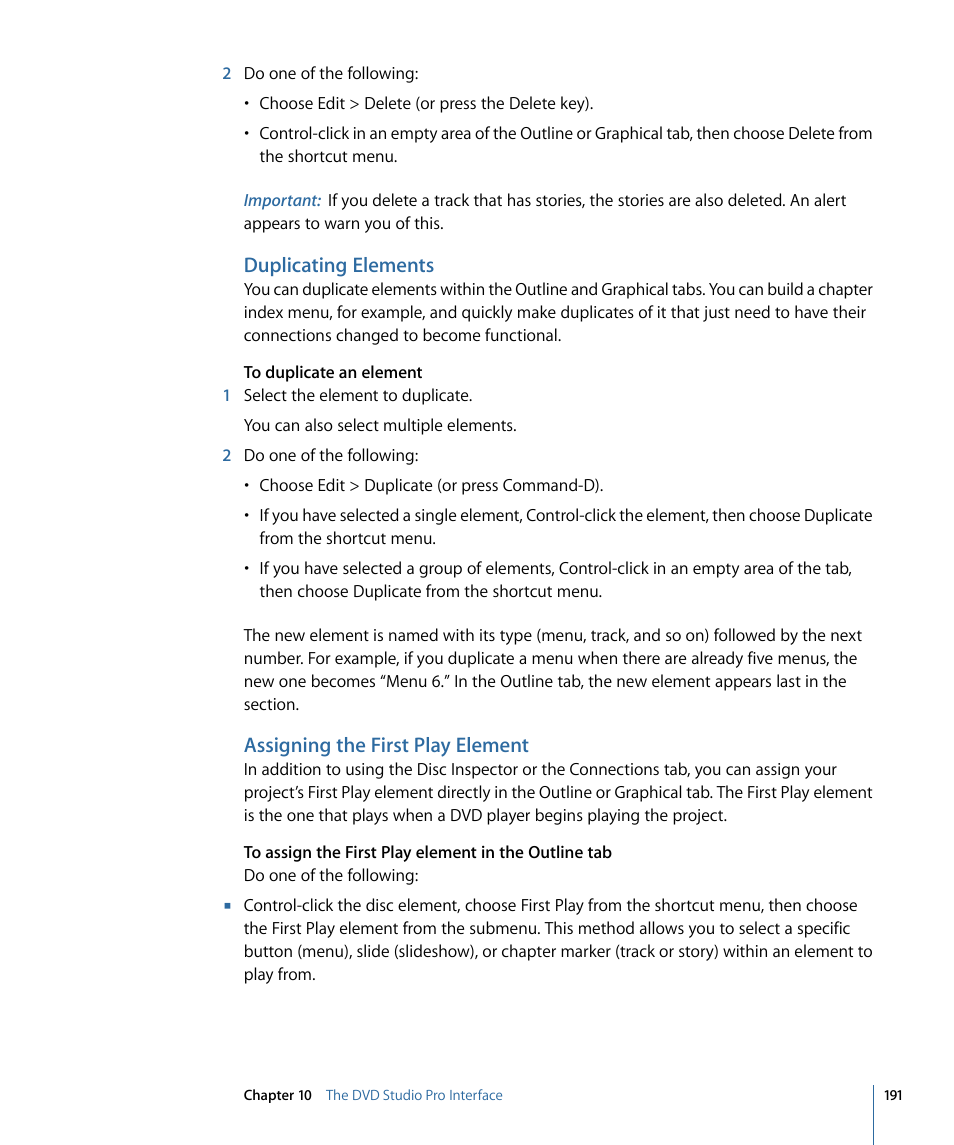 Duplicating elements, Assigning the first play element | Apple DVD Studio Pro 4 User Manual | Page 191 / 656