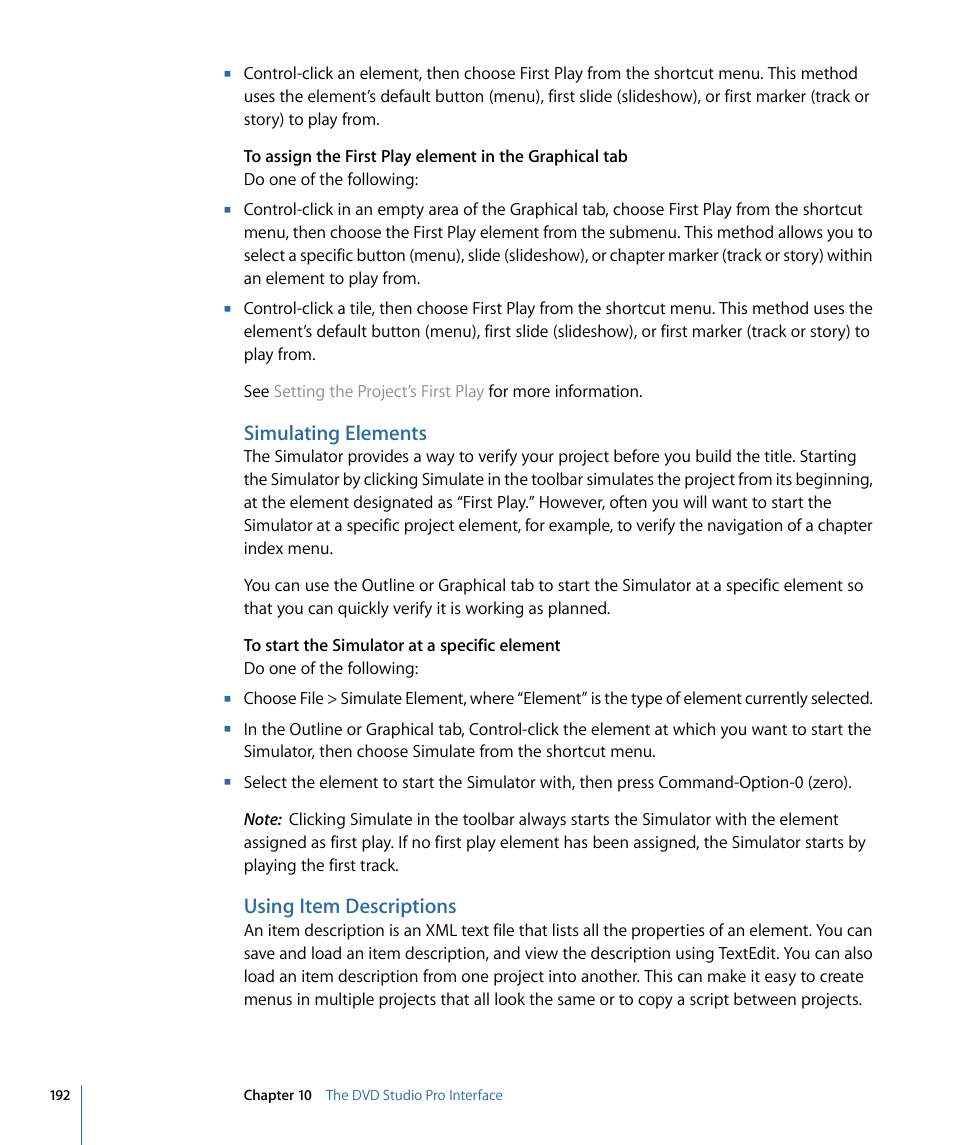Simulating elements, Using item descriptions | Apple DVD Studio Pro 4 User Manual | Page 192 / 656