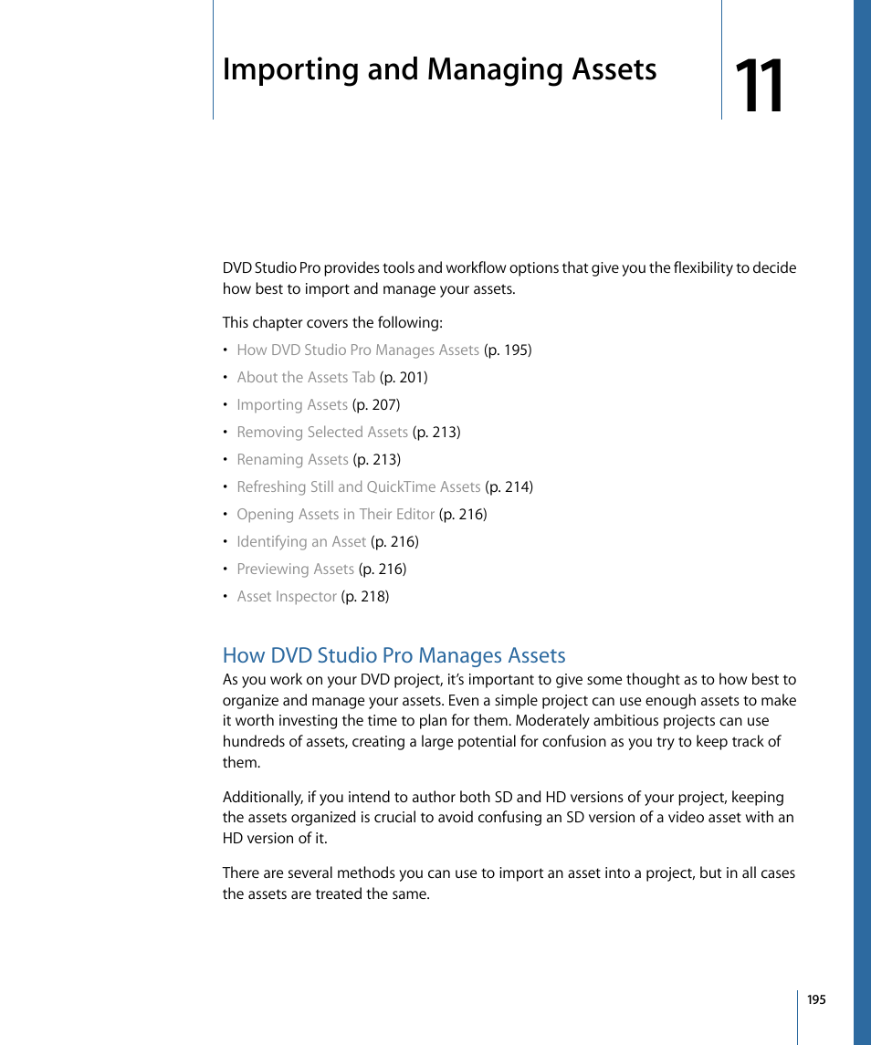 Importing and managing assets, How dvd studio pro manages assets | Apple DVD Studio Pro 4 User Manual | Page 195 / 656