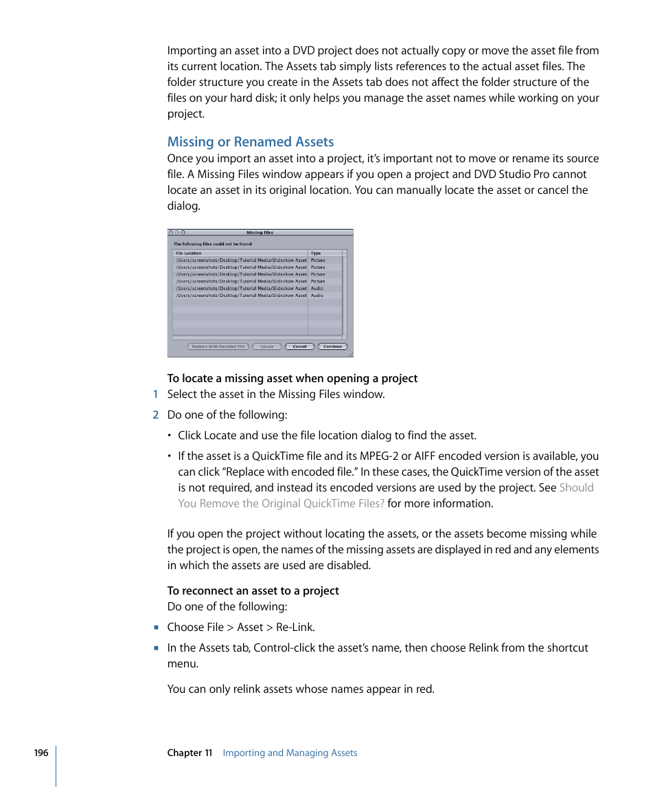 Missing or renamed assets, Missing or renamed, Assets | Apple DVD Studio Pro 4 User Manual | Page 196 / 656