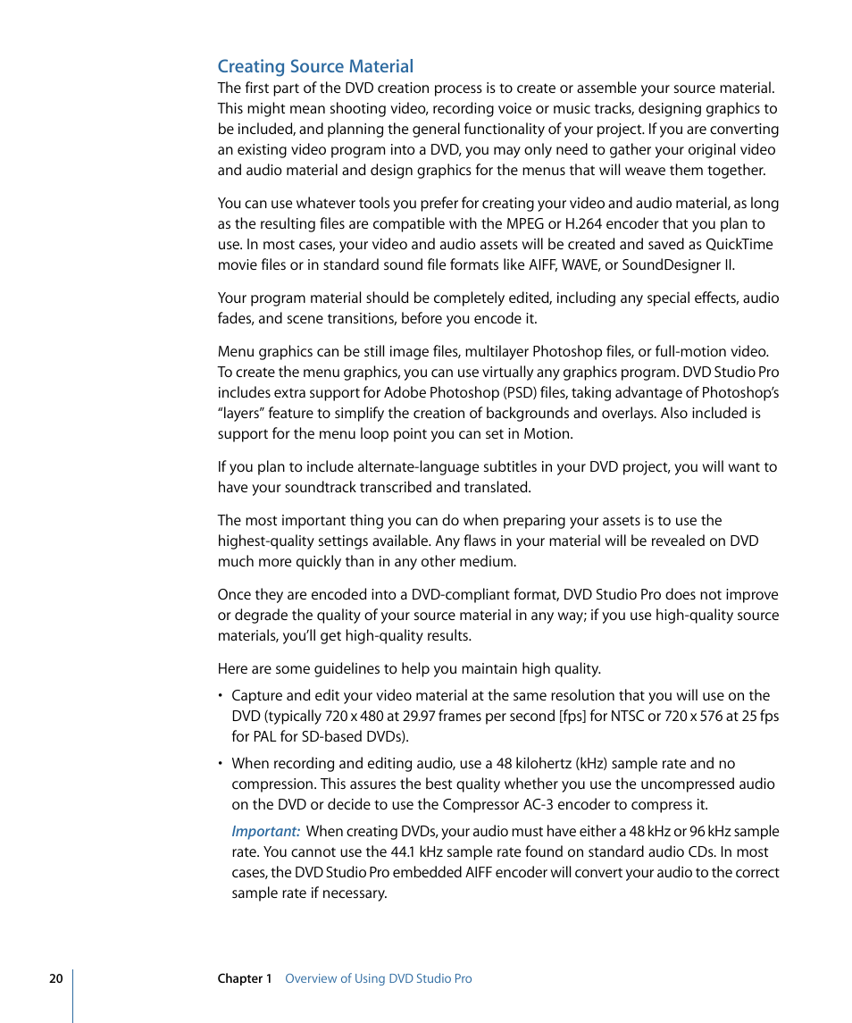 Creating source material | Apple DVD Studio Pro 4 User Manual | Page 20 / 656