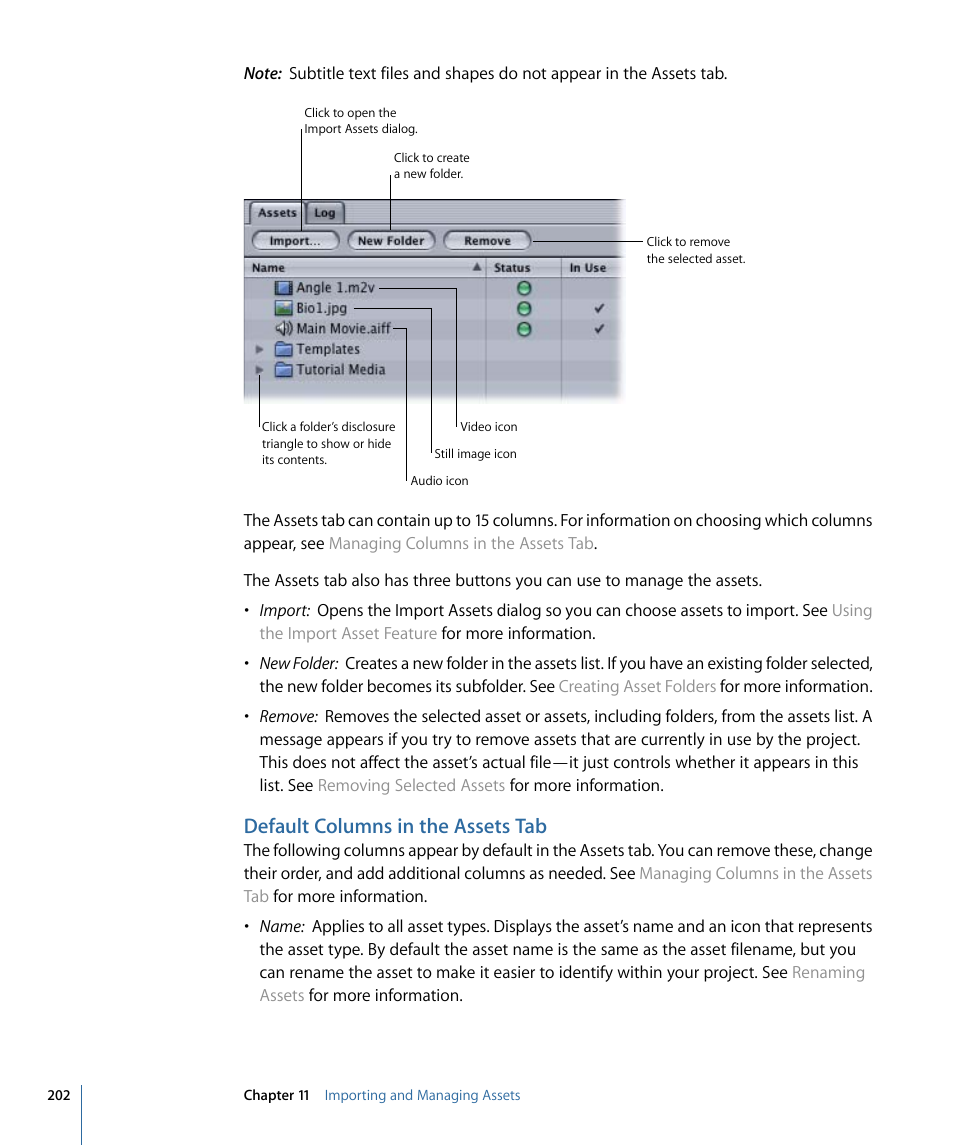 Default columns in the assets tab, Default columns in, The assets tab | Apple DVD Studio Pro 4 User Manual | Page 202 / 656