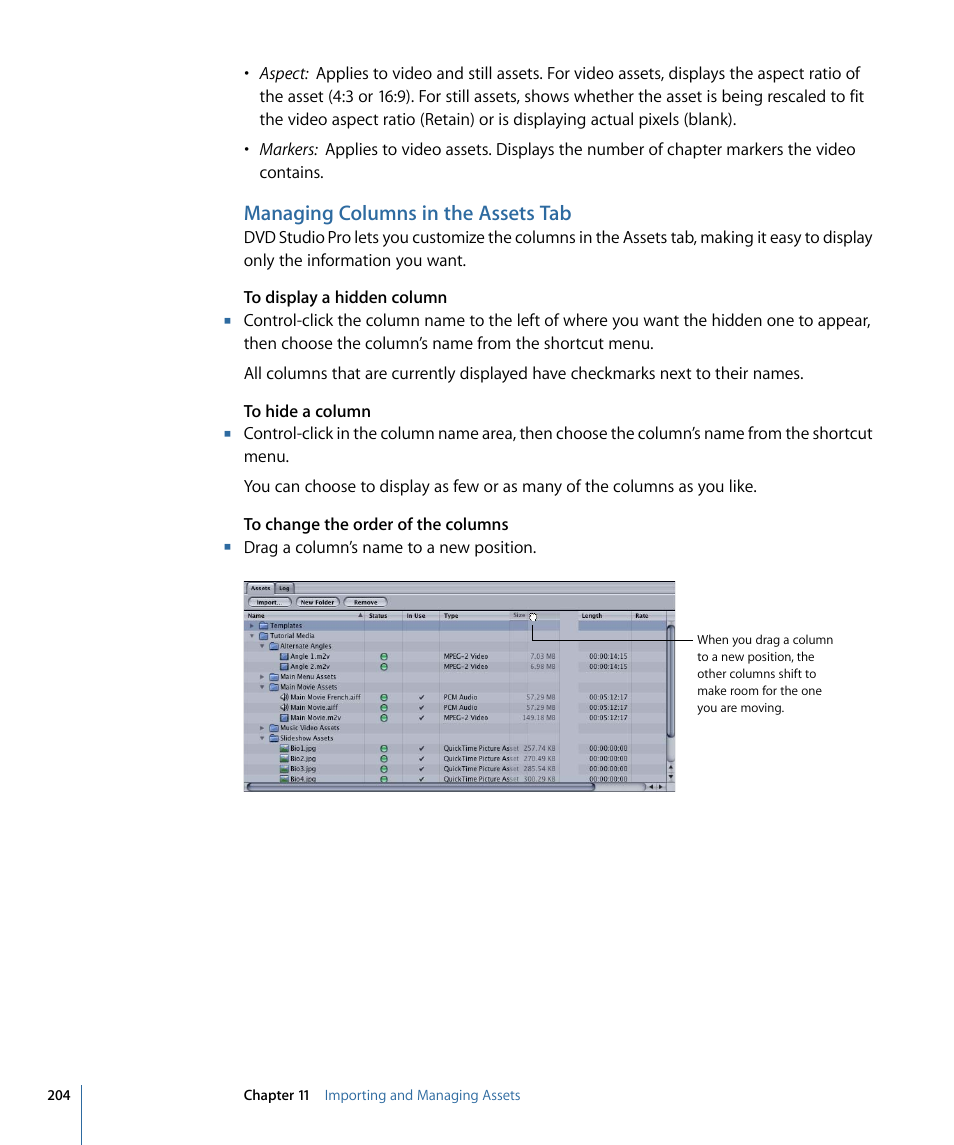 Managing columns in the assets tab, Managing columns in the assets | Apple DVD Studio Pro 4 User Manual | Page 204 / 656