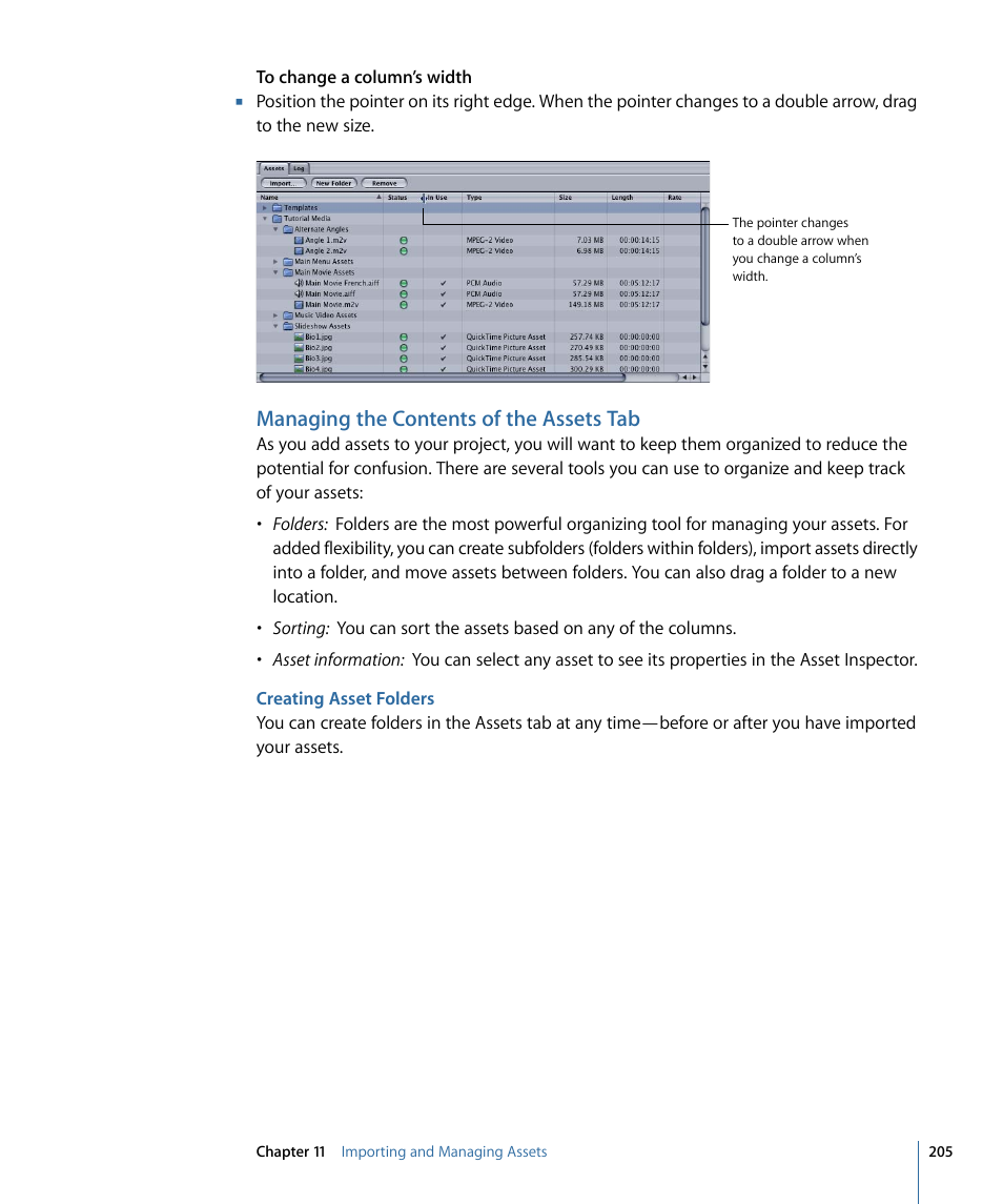 Managing the contents of the assets tab, Creating asset folders | Apple DVD Studio Pro 4 User Manual | Page 205 / 656