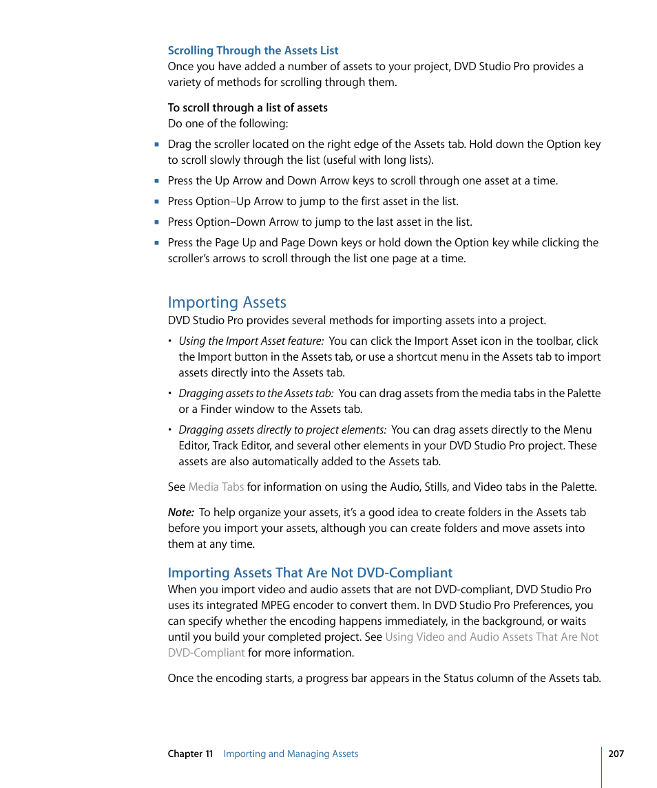 Scrolling through the assets list, Importing assets, Importing assets that are not dvd-compliant | Apple DVD Studio Pro 4 User Manual | Page 207 / 656