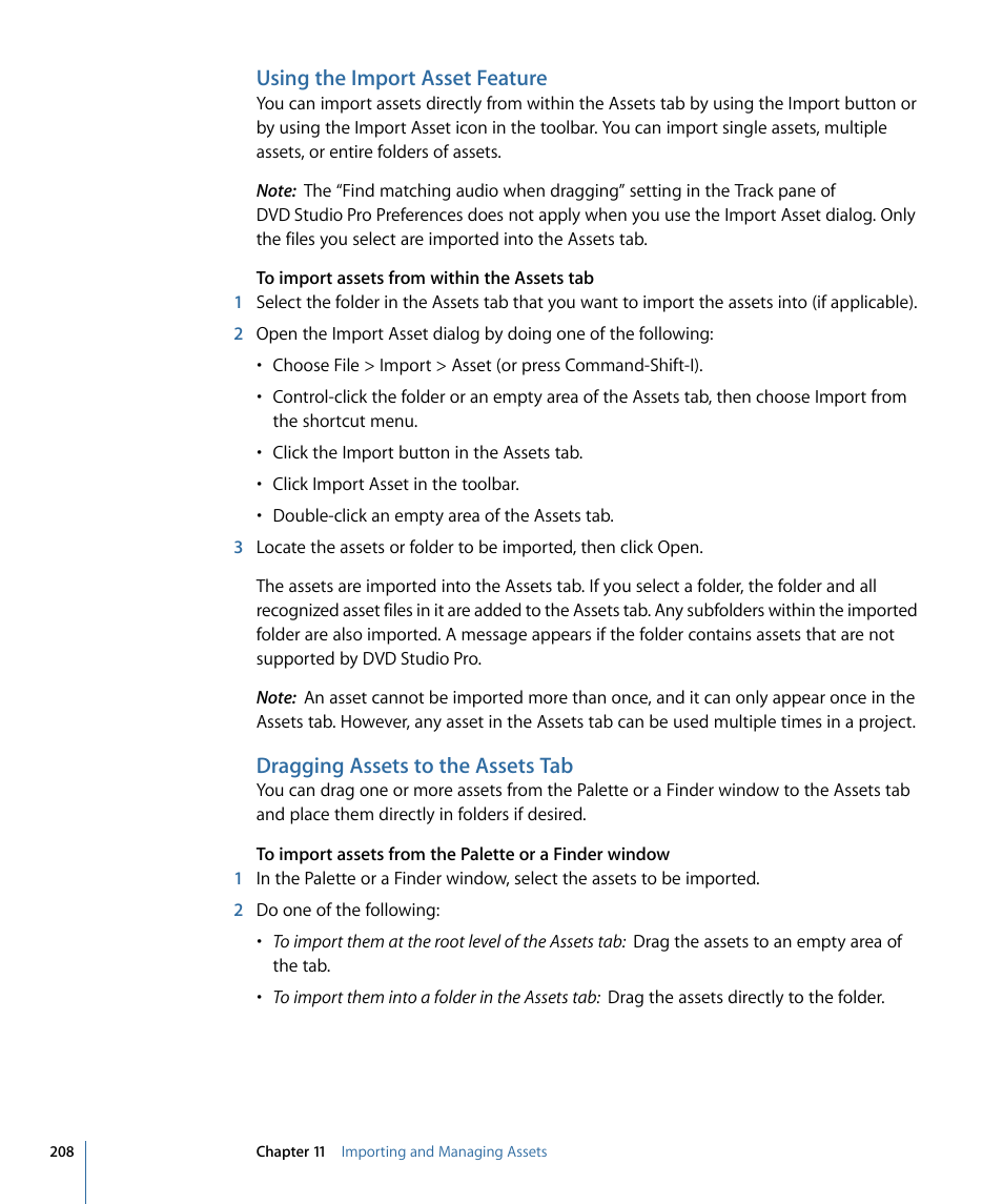 Using the import asset feature, Dragging assets to the assets tab, Using | The import asset feature | Apple DVD Studio Pro 4 User Manual | Page 208 / 656