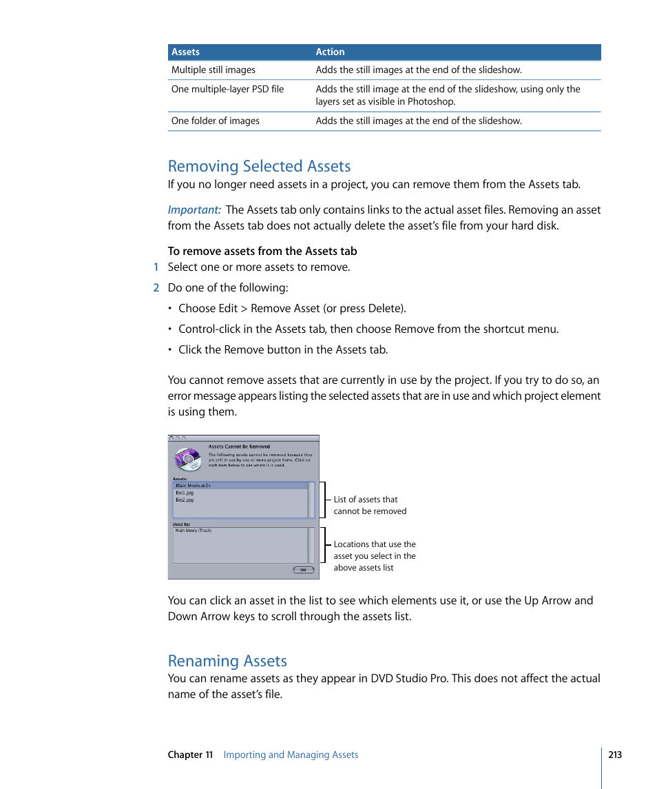 Removing selected assets, Renaming assets, Renaming | Assets | Apple DVD Studio Pro 4 User Manual | Page 213 / 656