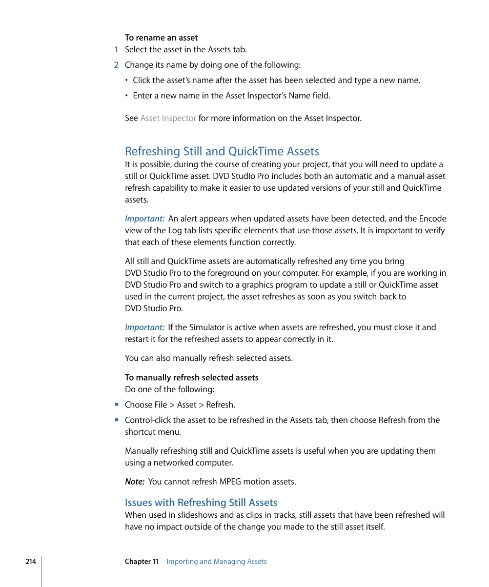 Refreshing still and quicktime assets, Issues with refreshing still assets | Apple DVD Studio Pro 4 User Manual | Page 214 / 656