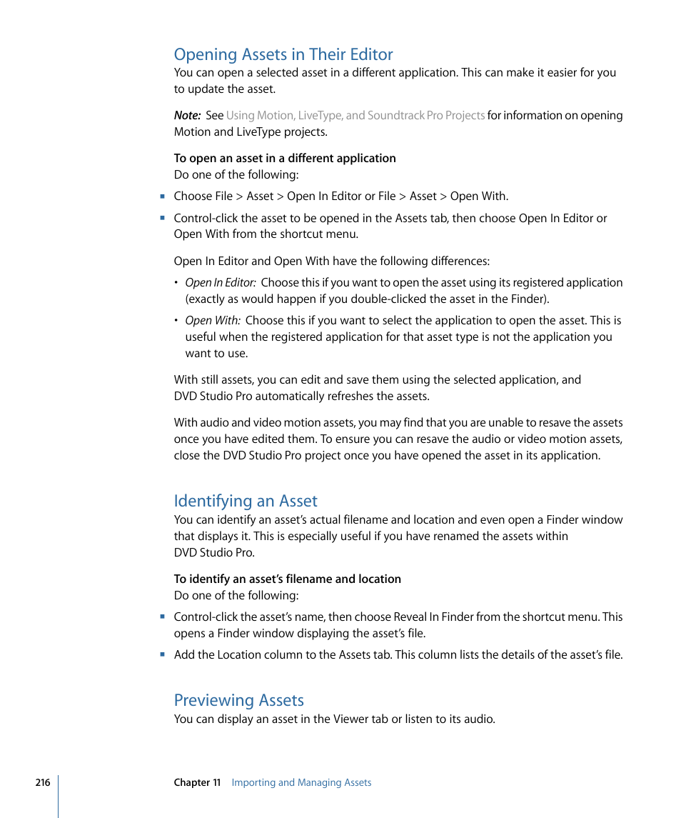 Opening assets in their editor, Identifying an asset, Previewing assets | Apple DVD Studio Pro 4 User Manual | Page 216 / 656