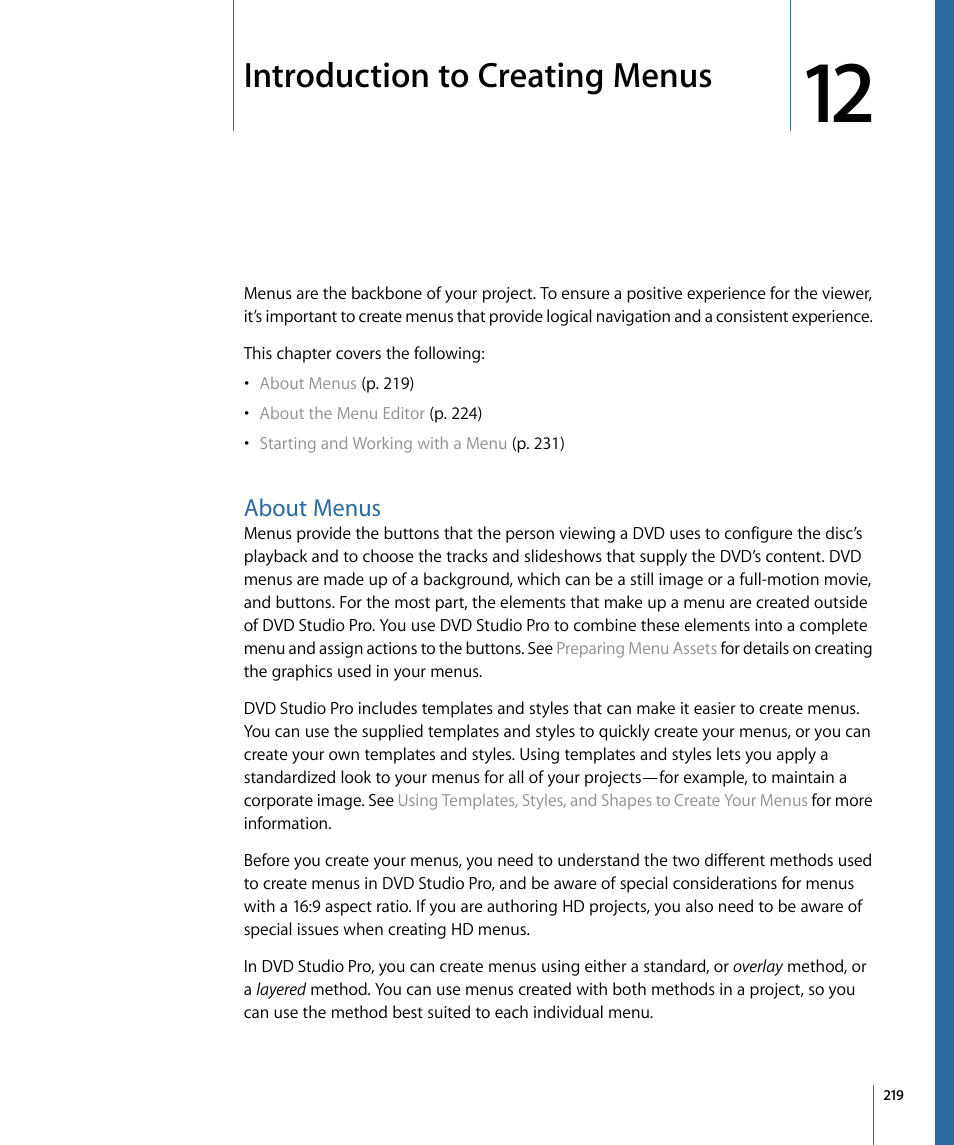 Introduction to creating menus, About menus | Apple DVD Studio Pro 4 User Manual | Page 219 / 656