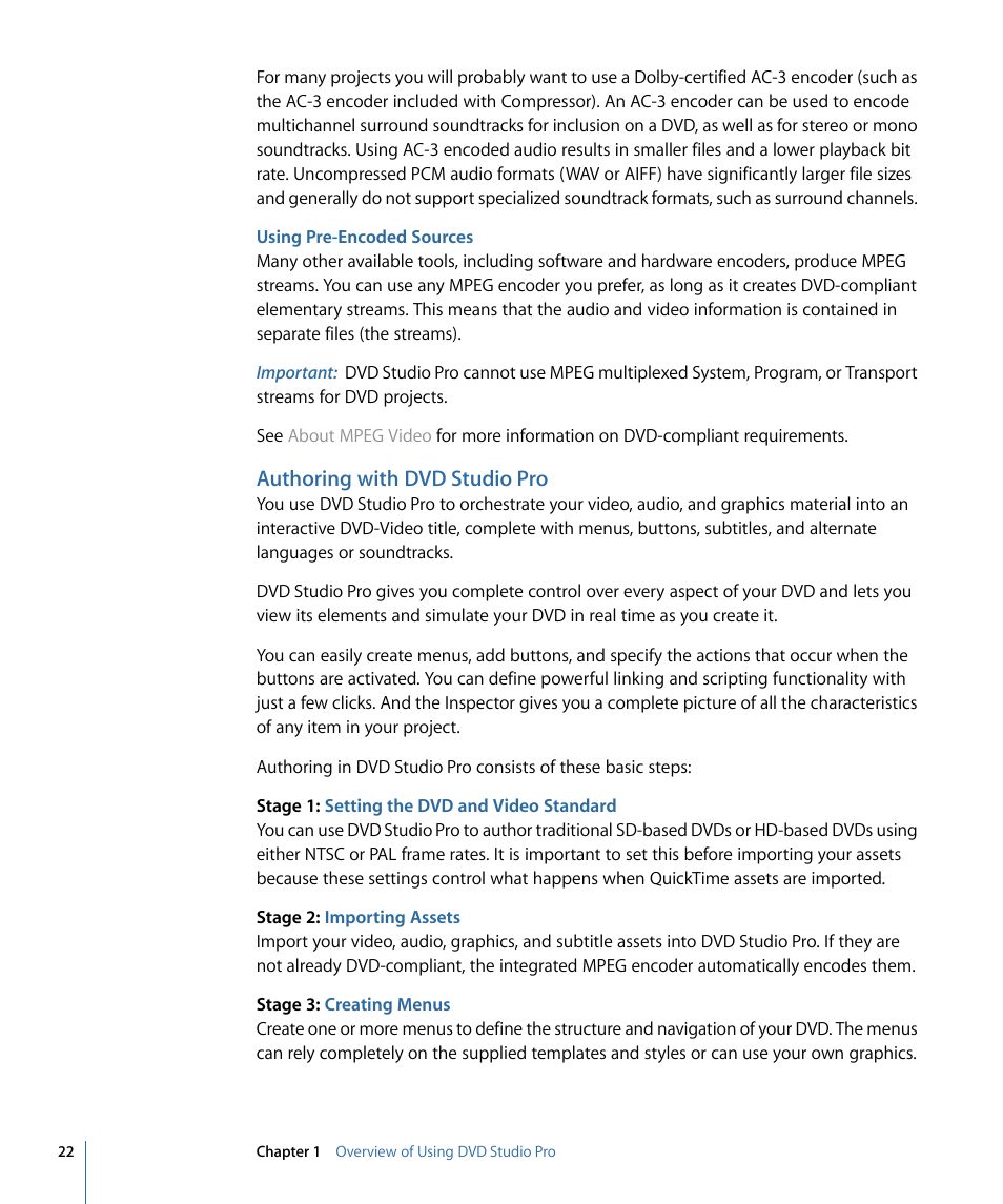 Using pre-encoded sources, Authoring with dvd studio pro | Apple DVD Studio Pro 4 User Manual | Page 22 / 656
