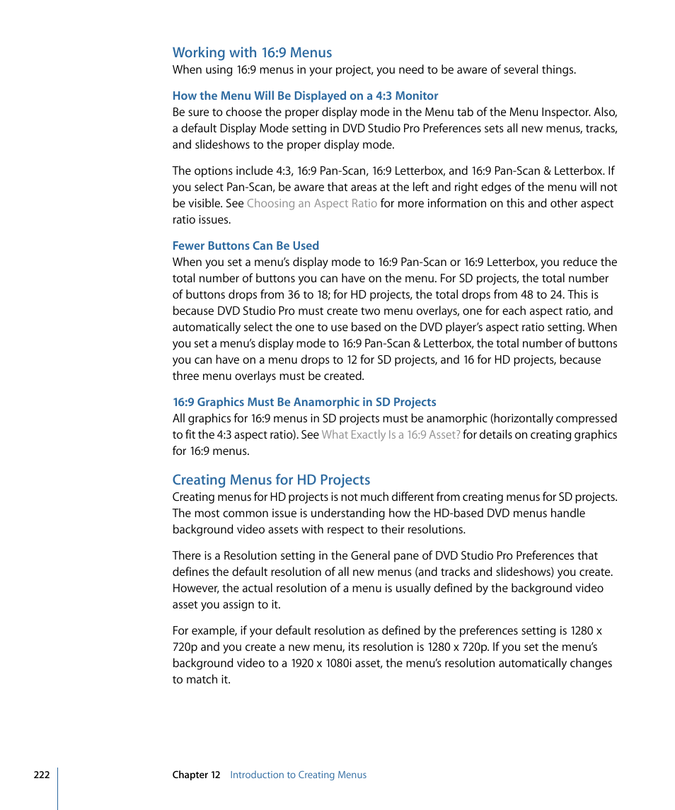 Working with 16:9 menus, How the menu will be displayed on a 4:3 monitor, Fewer buttons can be used | 9 graphics must be anamorphic in sd projects, Creating menus for hd projects | Apple DVD Studio Pro 4 User Manual | Page 222 / 656