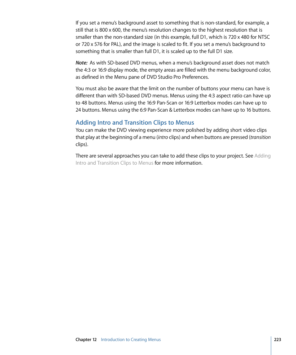 Adding intro and transition clips to menus | Apple DVD Studio Pro 4 User Manual | Page 223 / 656
