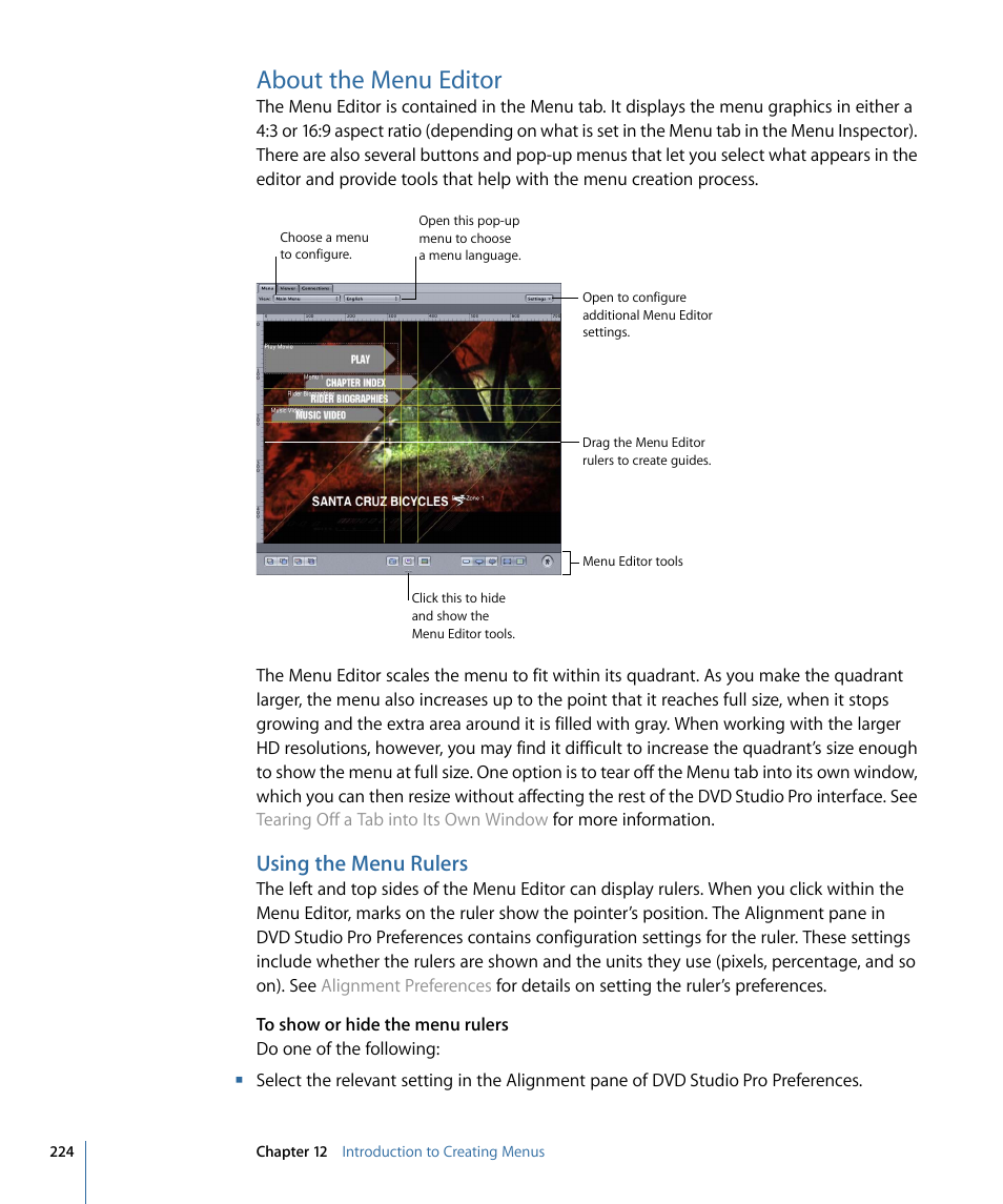 About the menu editor, Using the menu rulers | Apple DVD Studio Pro 4 User Manual | Page 224 / 656