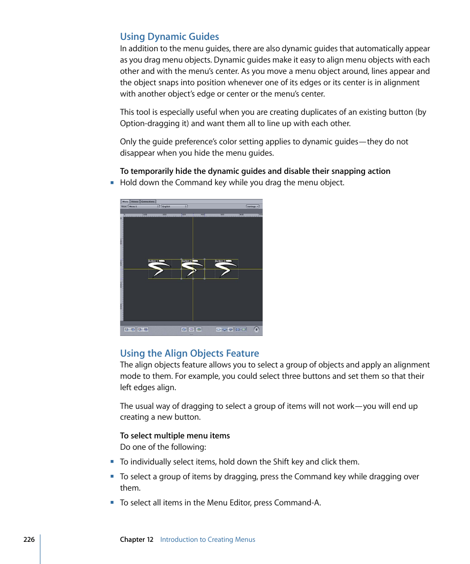 Using dynamic guides, Using the align objects feature | Apple DVD Studio Pro 4 User Manual | Page 226 / 656