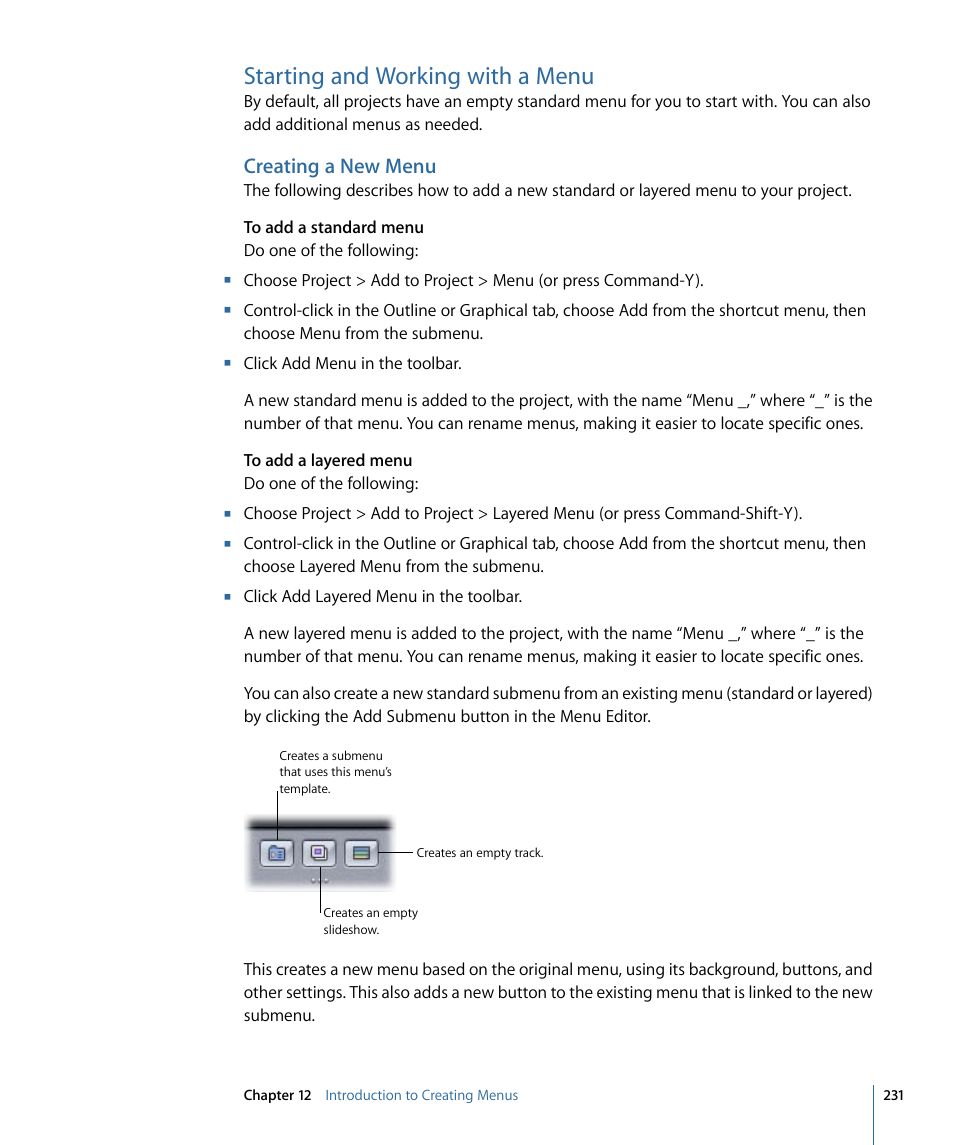 Starting and working with a menu, Creating a new menu | Apple DVD Studio Pro 4 User Manual | Page 231 / 656