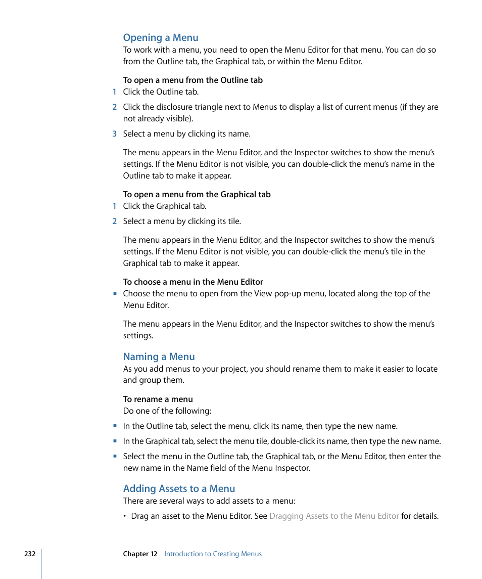 Opening a menu, Naming a menu, Adding assets to a menu | Apple DVD Studio Pro 4 User Manual | Page 232 / 656