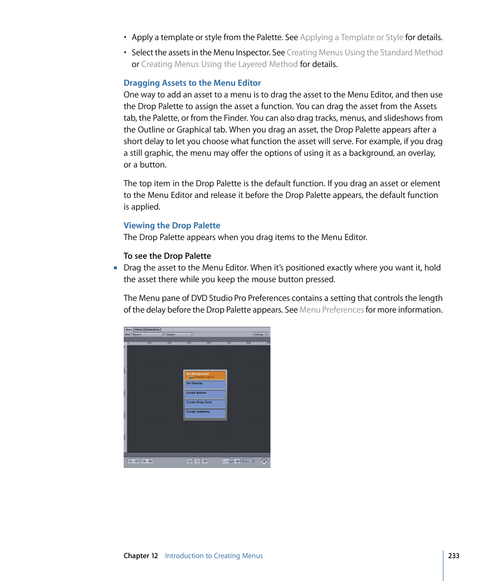 Dragging assets to the menu editor, Viewing the drop palette | Apple DVD Studio Pro 4 User Manual | Page 233 / 656