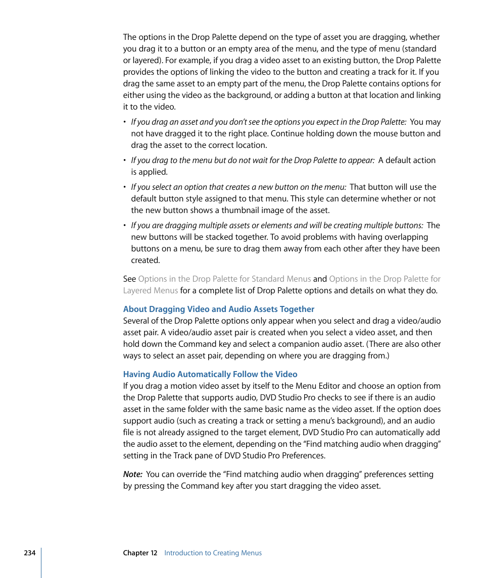 About dragging video and audio assets together, Having audio automatically follow the video | Apple DVD Studio Pro 4 User Manual | Page 234 / 656