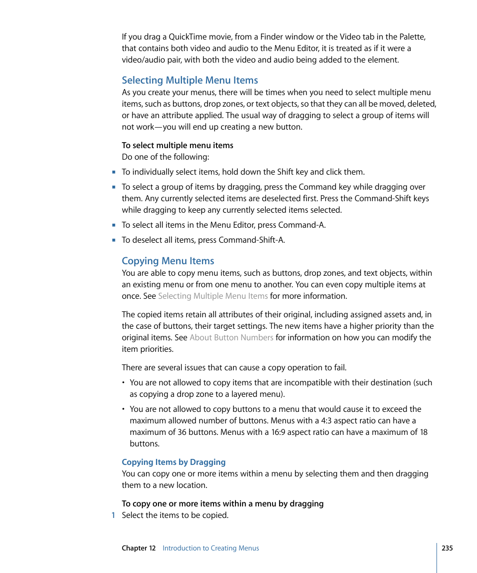 Selecting multiple menu items, Copying menu items, Copying items by dragging | Apple DVD Studio Pro 4 User Manual | Page 235 / 656