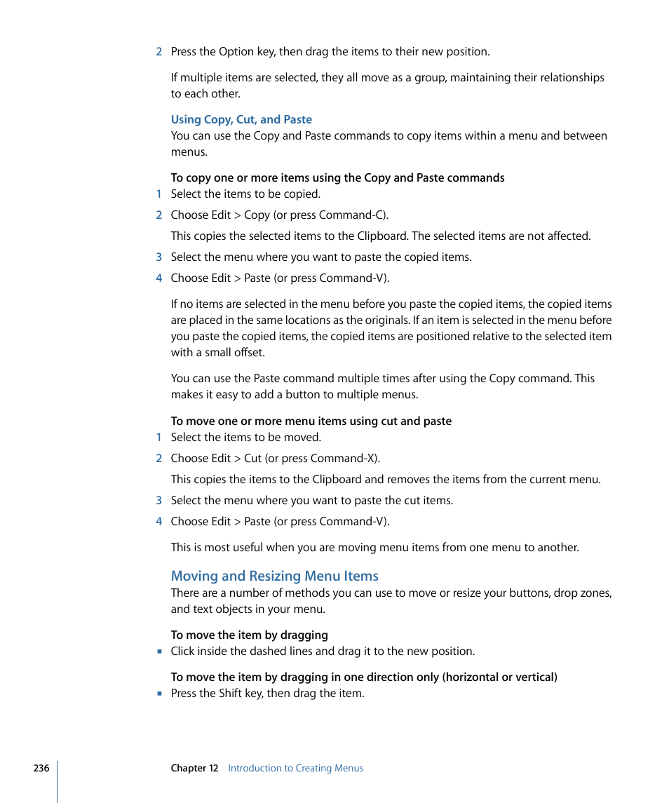 Using copy, cut, and paste, Moving and resizing menu items | Apple DVD Studio Pro 4 User Manual | Page 236 / 656