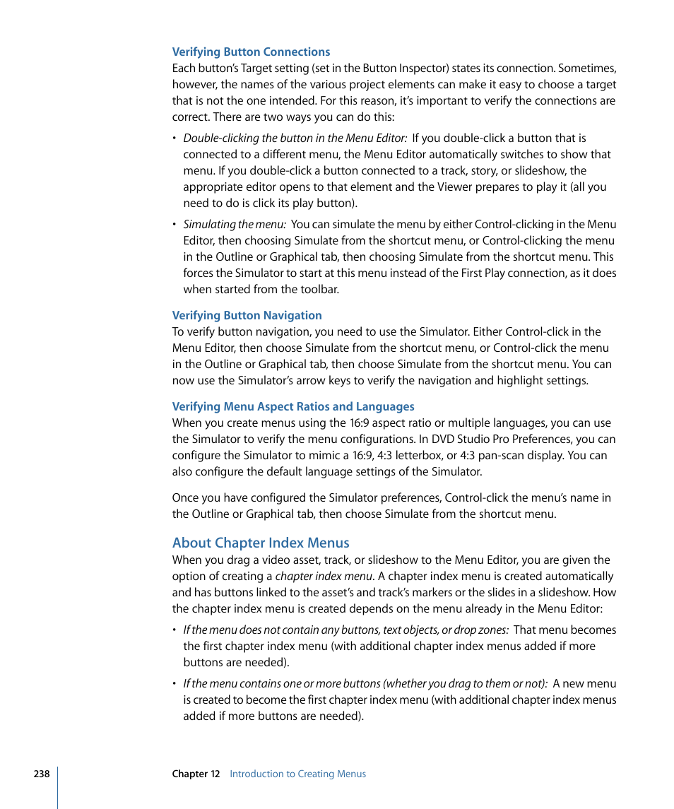Verifying button connections, Verifying button navigation, Verifying menu aspect ratios and languages | About chapter index menus | Apple DVD Studio Pro 4 User Manual | Page 238 / 656