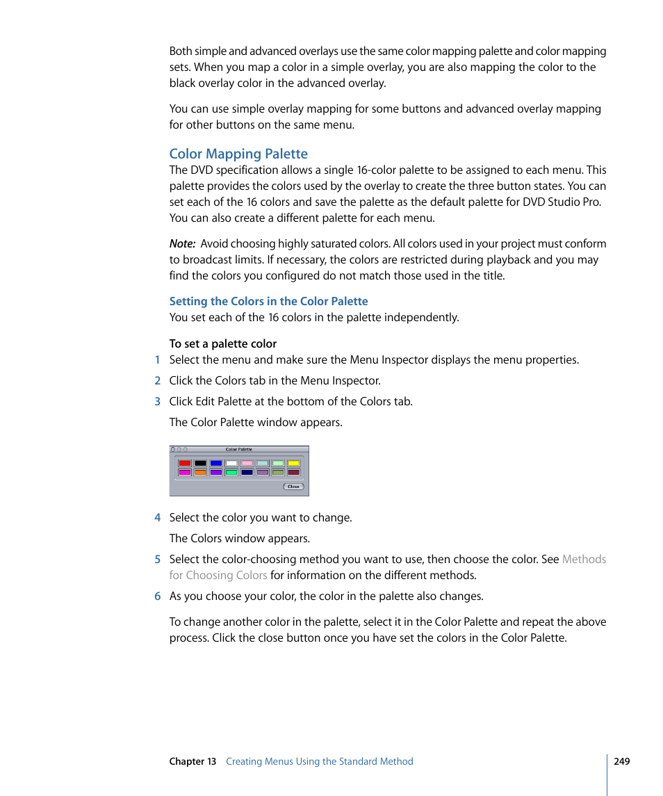 Color mapping palette, Setting the colors in the color palette, Setting the colors in | The color palette | Apple DVD Studio Pro 4 User Manual | Page 249 / 656