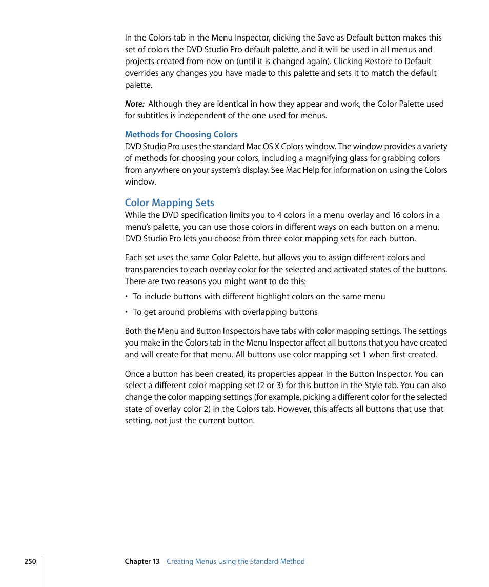Methods for choosing colors, Color mapping sets | Apple DVD Studio Pro 4 User Manual | Page 250 / 656