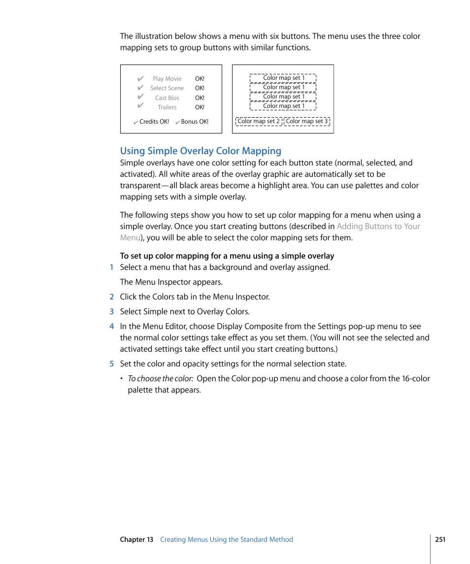 Using simple overlay color mapping | Apple DVD Studio Pro 4 User Manual | Page 251 / 656