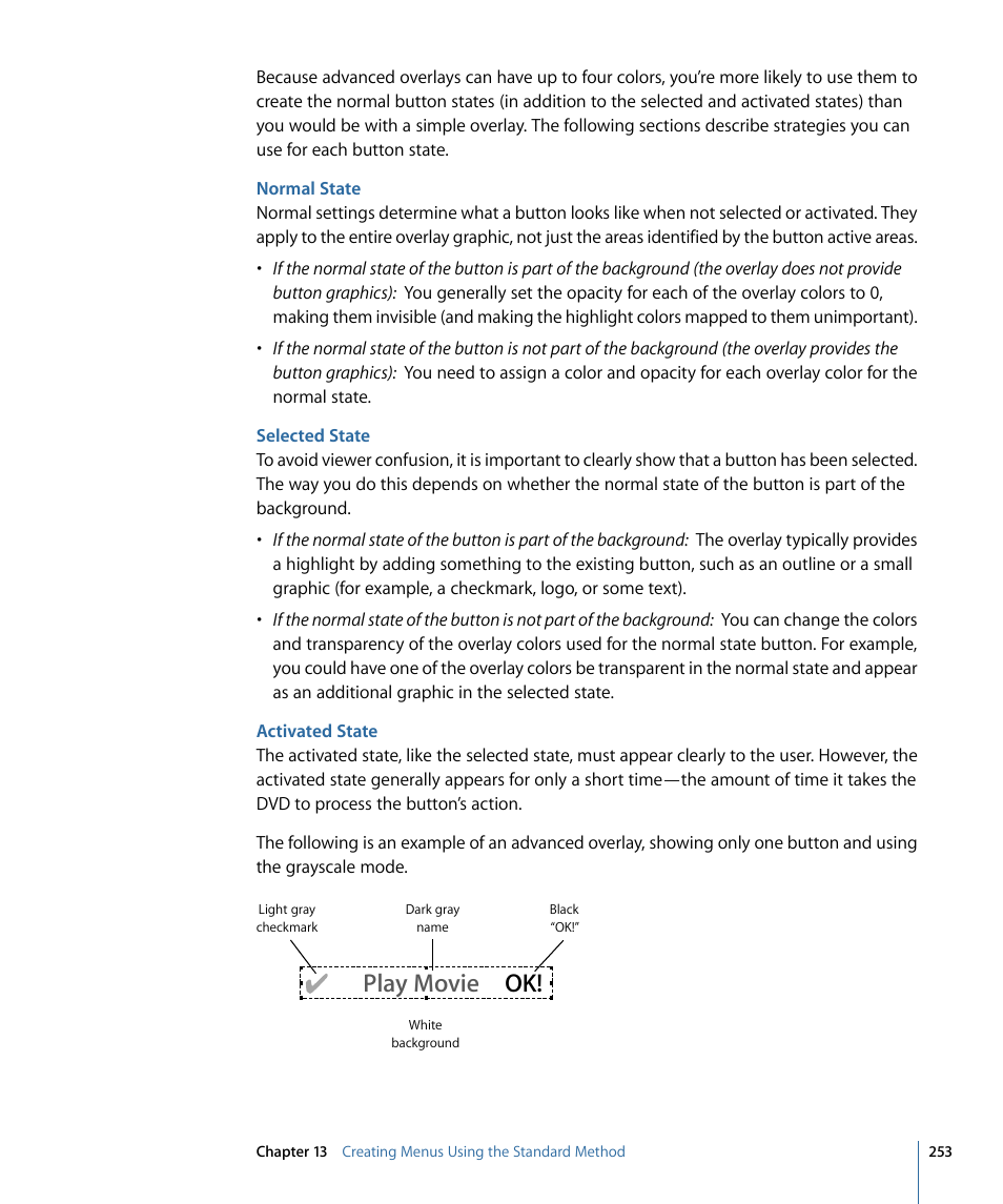 Normal state, Selected state, Activated state | Play movie ok | Apple DVD Studio Pro 4 User Manual | Page 253 / 656